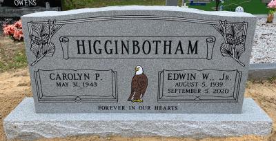 companion upright gray granite headstone with full color bald eagle and floral pine design